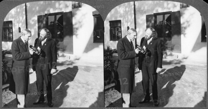 "Mr. Lewis tells me you Haven't Seen This. Let me put it in the Glass for You", Henry Ford and Anton Lang, Oberammergau, Germany, Stereo Card, 1930