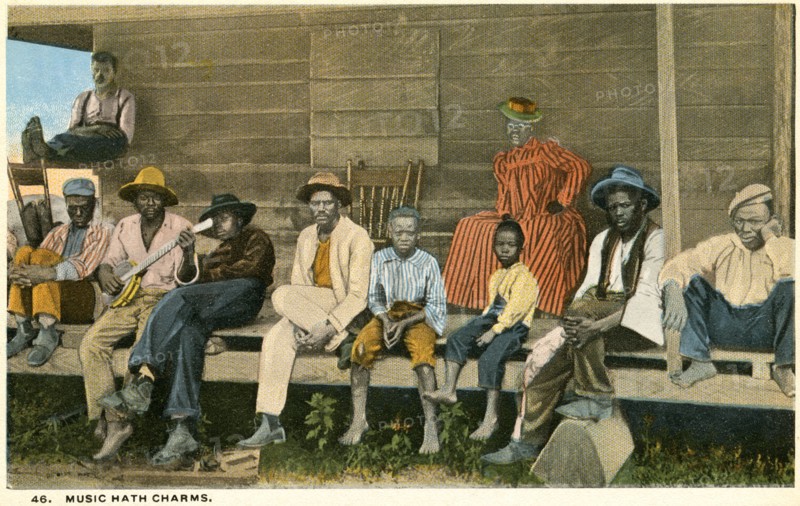 Group of African-Americans Porch, One Man with Banjo, Portrait, "Music Hath Charm - 46", USA, Hand-Colored Postcard, circa 1910