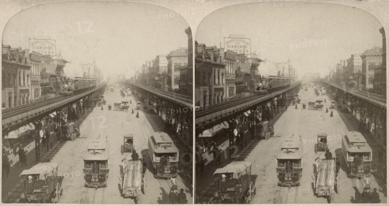 Street Scene, Bowery, New York City, USA, "Along the Noted Bowery, New York USA", Stereo Card, 1896