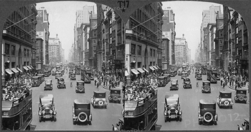Busy Street Scene, Fith Avenue Looking North From 38th Street, New York City, USA, Stereo Card, circa 1920's