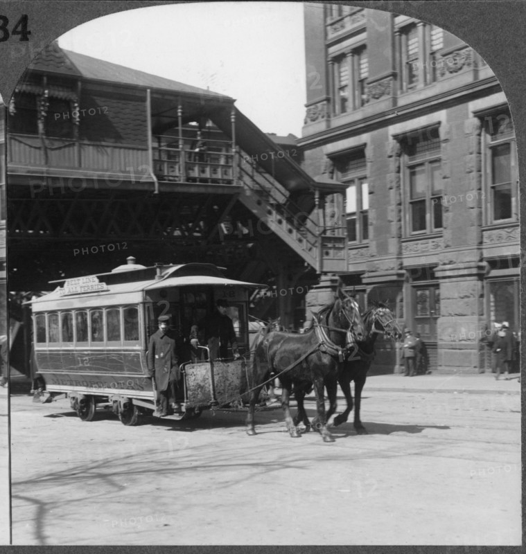 Streetcar Drawn by Two Horses, Broadway, New York City, USA, Single Image of Stereo Card, circa 1900