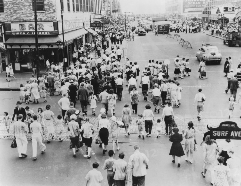 Crowded Street Scene at Intersection of Surf and Stillwell Avenues, Coney Island, New York City, USA, 1944