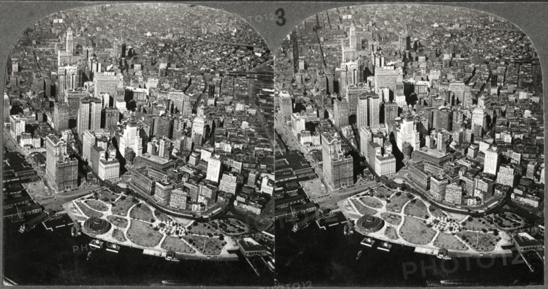 Downtown Manhattan Skyline, New York City, USA, High Angle View, Stereo Card, circa 1925