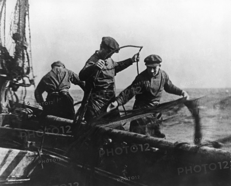 Group of Herring Fishermen, North Sea, on-set of the Silent Documentary Film, "Drifters", 1929