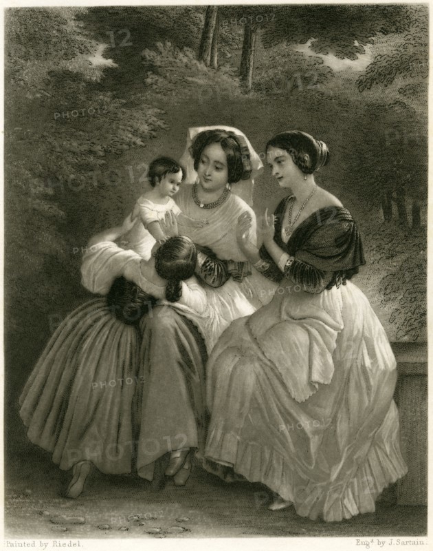 Two Women Sitting with Two Children, "Maternal Felicity", Engraving by John Sartain, 1847, after Painting by August Heinrich Riedel, 1830