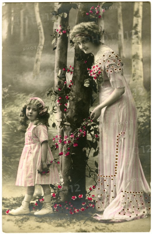 Mother and Daughter in Pink Dresses with Pink Flowers, Hand-Colored French Postcard, circa 1910