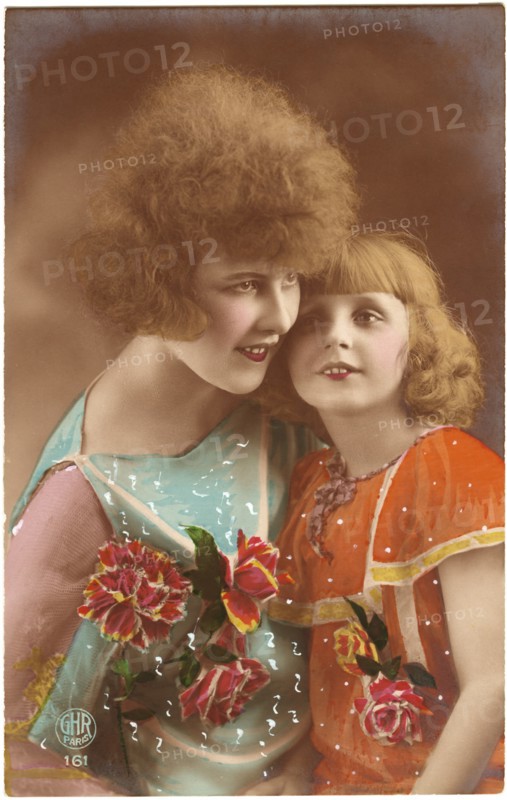Mother and Daughter with Flowers, Portrait, Hand-Colored French Postcard, circa 1920
