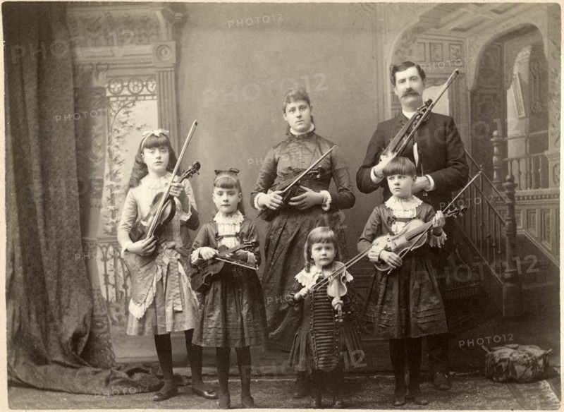 Parents and Four Daughters Holding Violins, Portrait, Cabinet Card, circa 1907
