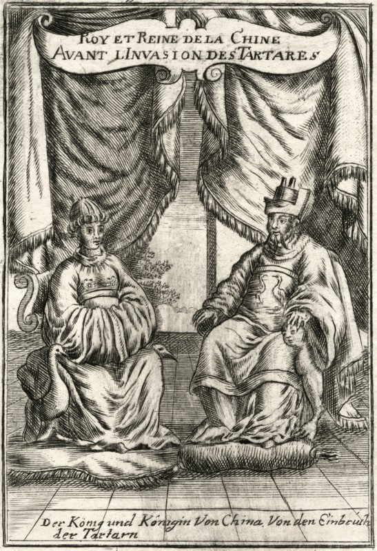 Chongzhen Emperor (1611-1644) 16th and Last Emperor of Ming Dynasty in China, with Empress Zhuang Lie Min, Woodcut, circa 1719