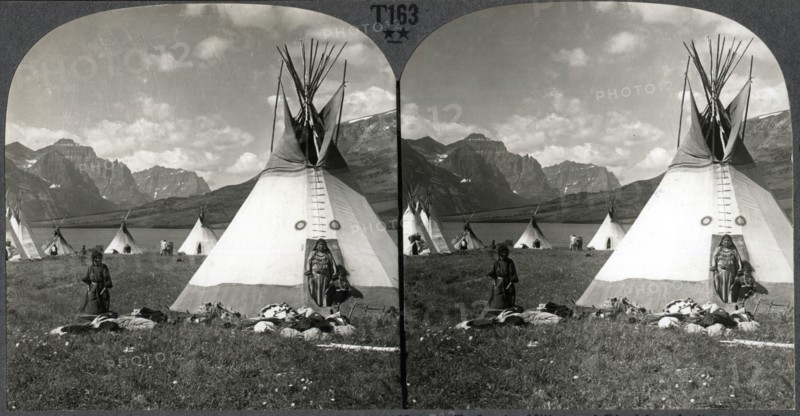Blackfeet Village with Tipis, near St. Mary's Lake, Glacier National Park, Montana, USA, Stereo Card, circa 1900