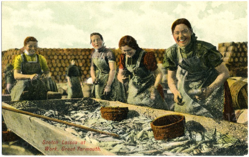 Four Lasses of Work, Great Yarmouth, Norfolk, England, Hand-Colored Postcard