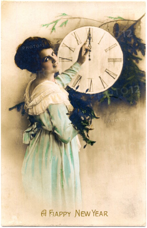 Woman Touching Clock, "A Happy New Year", Postcard, circa 1910