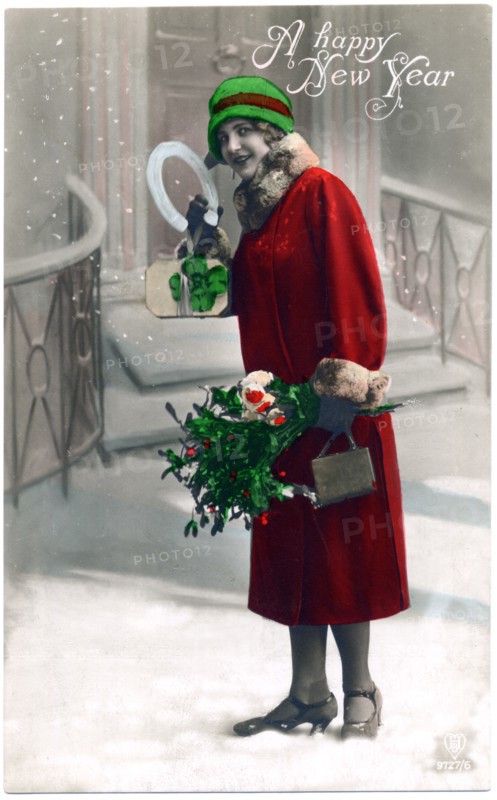 Woman in Red Coat Holding Bouquet of Flowers in Snow, "A Happy New Year", Postcard, circa 1910