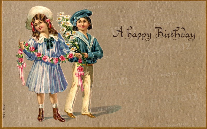 Girl and Boy with Flowers, "A Happy Birthday", Postcard, circa 1910