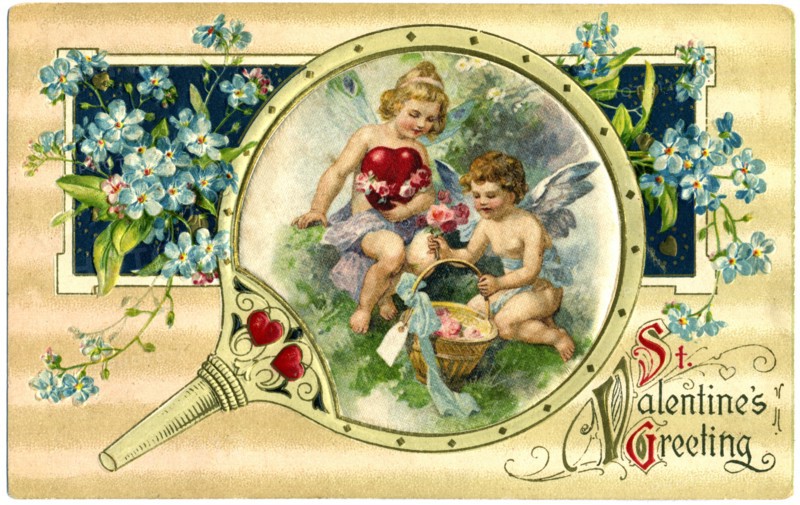 Girl Holding Heart, Cupid with Red Flowers, Surrounded by Blue Flowers, "St. Valentine's Greeting",  Postcard, circa 1912