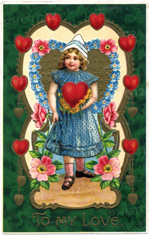 Girl in blue Dress Holding Heart in Green frame with 8 Hearts, "To My Love", Postcard, circa 1913