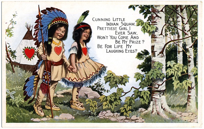 Boy and Girl in Native American Costumes, Valentine Postcard