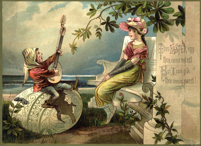 Musician Playing Double-Stringed Lute to Young Woman on Bench, "This Easter Egg thou Canst Eat", Postcard, circa 1910