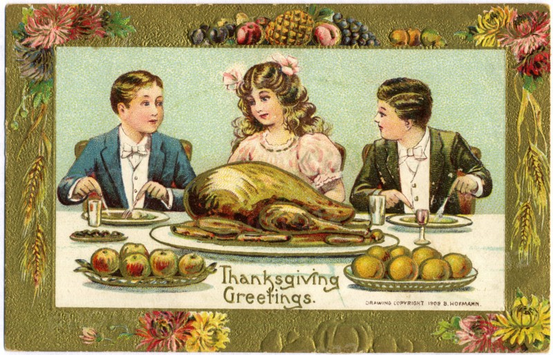Two Boys and Girl Eating Turkey Dinner, "Thanksgiving Greetings", Postcard, circa 1909