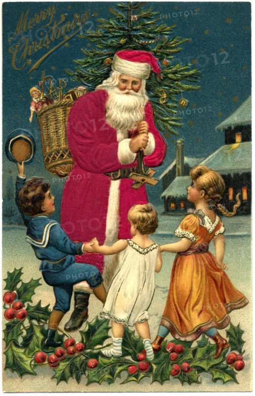 Santa Claus with Three Children, "Merry Christmas", Postcard