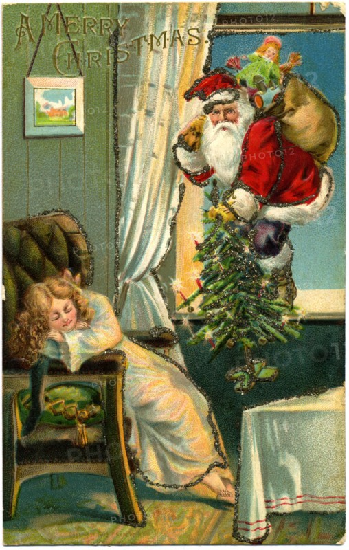 Santa Claus Entering Window with Gifts and Tree as Young Girl Sleeps in Chair, "A Merry Christmas", Postcard