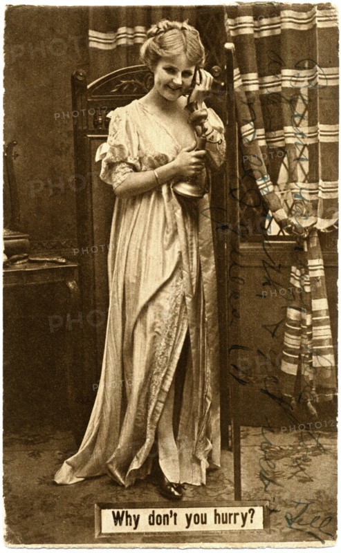 Woman Standing Holding Telephone, "Why don't you Hurry?", Postcard, circa 1910