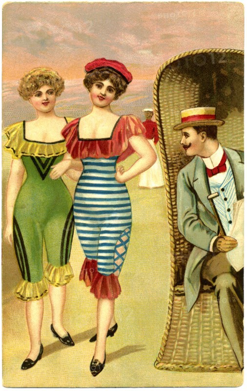Man in Wicker Chair Staring at Two Fashionable Women in One-Piece Bathing Suits Strolling Along Beach, Postcard, circa early 1900's