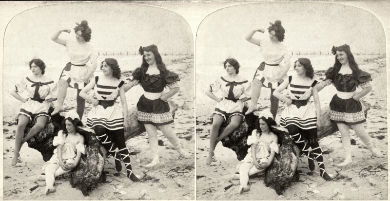 Five Women in Swim Dresses on Beach Looking out to Sea, Stereo Card, 1907