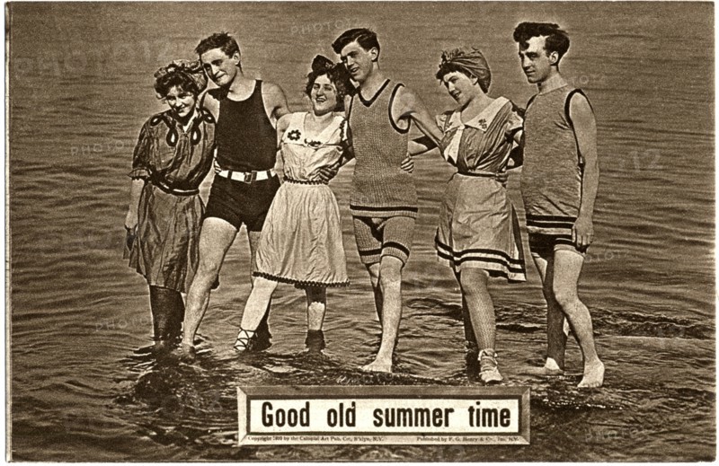 Three Couples  Bathing Suits Standing in Shallow Water, "Good old Summer Time", Postcard, circa 1910
