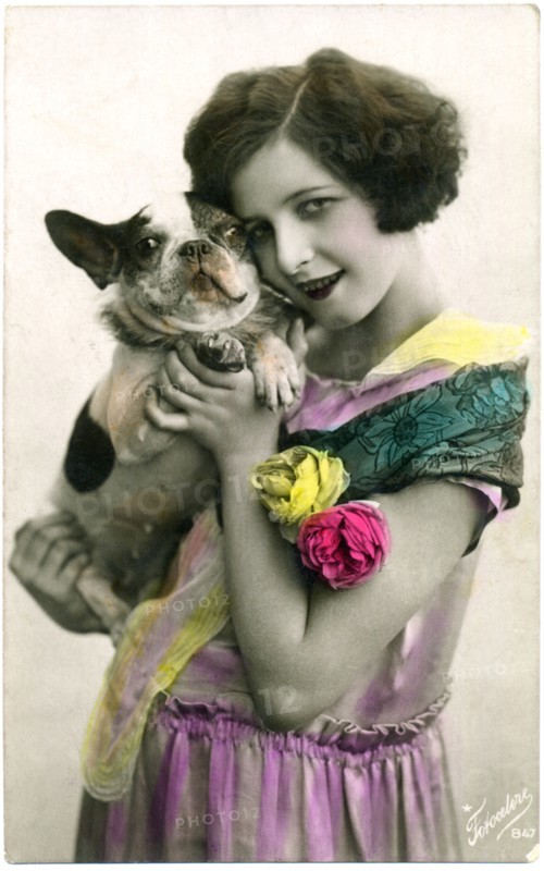 Woman Holding Boston Terrier Dog, Hand-Colored Italian Postcard, circa 1910's