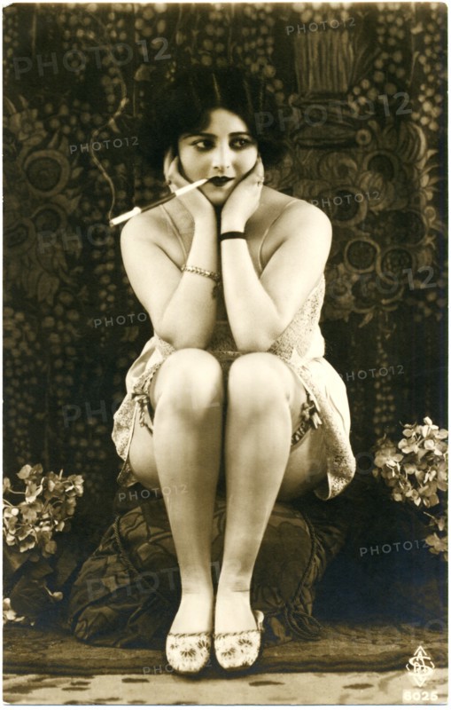 Seated Woman in Lingerie and Garters Smoking Cigarette, French Postcard