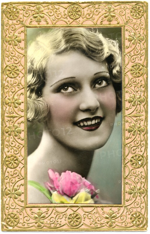 Smiling Blonde Woman with Rose, Framed, Hand-Colored Postcard, circa 1910's