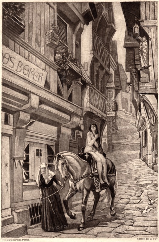 Lady Godiva on Horseback being Guided by Nun on Cobblestone Street, Illustration