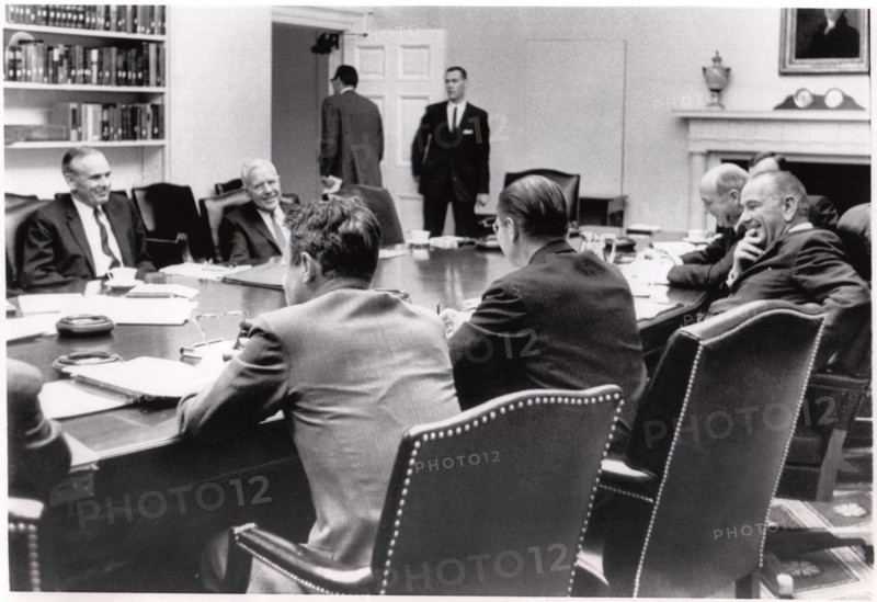 U.S. President Lyndon Johnson during Policy Meeting, with Maxwell D. Taylor, John McCone, Cyrus Vance, Robert McNamara, Dean Rusk, April 1, 1965