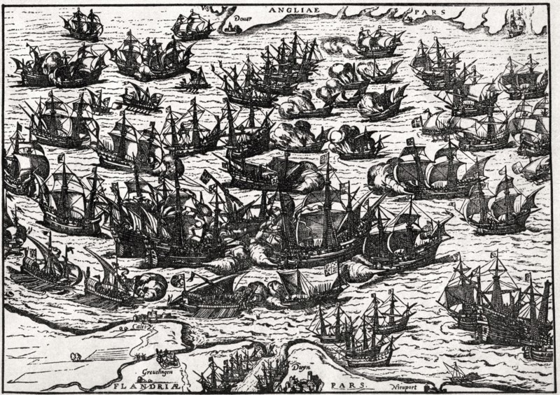 English Attacking Spanish Armada, English channel, Illustration, July 19, 1588