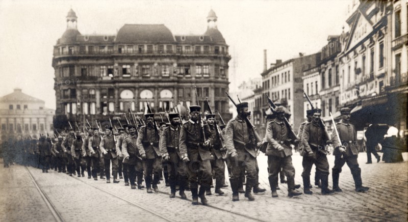 German Troops Marching in Brussels, Belgium, WWI Postcard, circa 1914