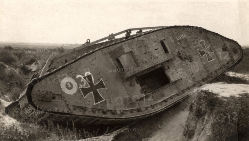 German Tank Hindenburg Line, WWI Postcard, circa 1918