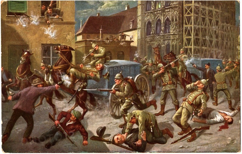 Townspeople Fighting German Soldiers, Louvain, Belgium, "Volkerkrieg 1914-15", German Postcard, circa 1915