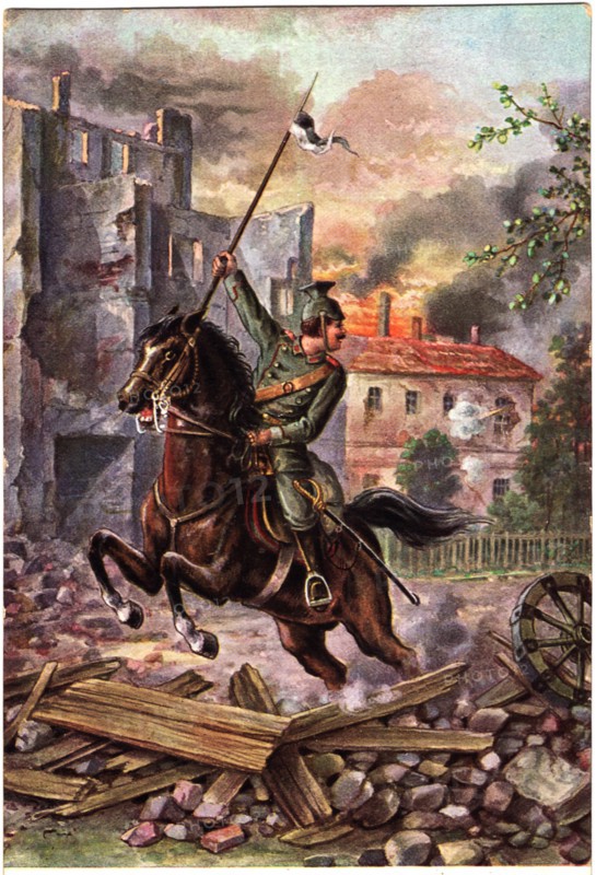 German Soldier on Horseback Jumping over Rubble during World War I Battle, "Im Krige (In War)", German Postcard, circa 1915