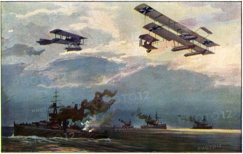 German Airplanes attacking Fleet of Ships, World War I Postcard, circa 1915