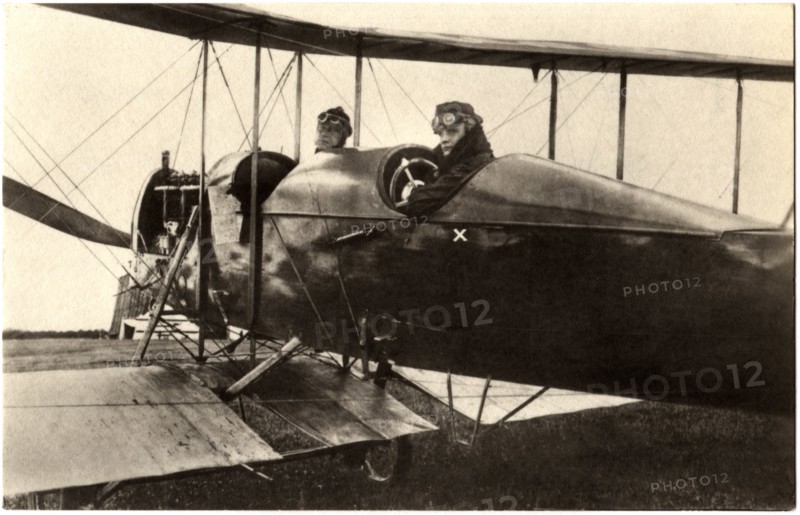 Lieutenant Ferdinand von Hiddessen and Unidentified Pilot in Airplane, Dropped 1st Bombs and Propaganda Leaflets on Paris, France during WWI, German Postcard circa 1914