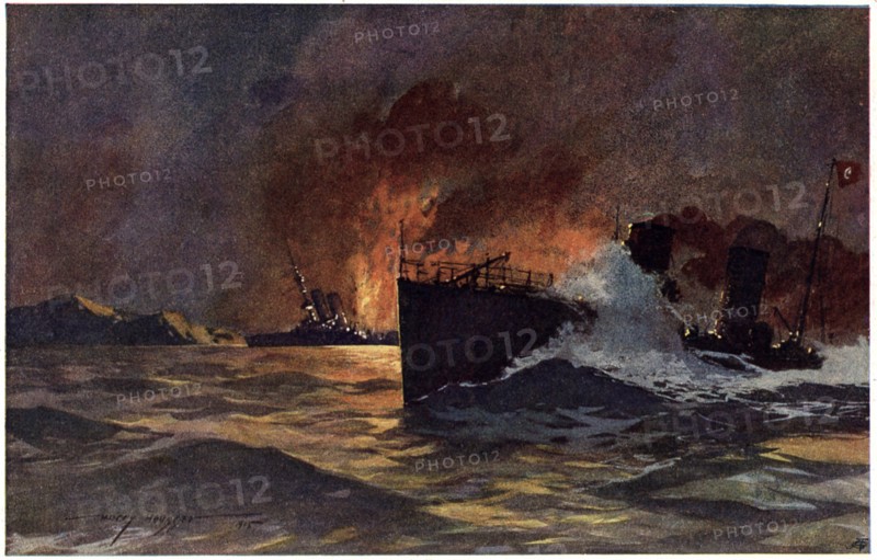Torpedoing of the British Battleship HMS Goliath during Dardanelles Campaign, WWI, Postcard from Painting by Harry Heusser, circa 1915