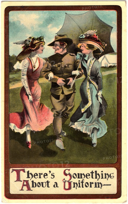 Two Women Walking Arm-in-Arm with Soldier, "There's Something About a Uniform", WWI Postcard, circa 1917