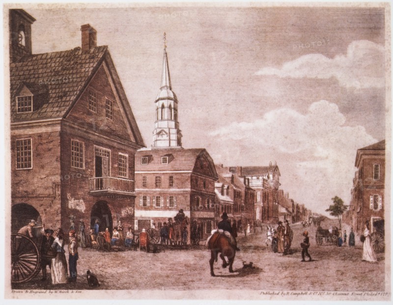 Street Scene, Philadelphia, Pennsylvania, USA, Hand-Colored Engraving, circa 1790