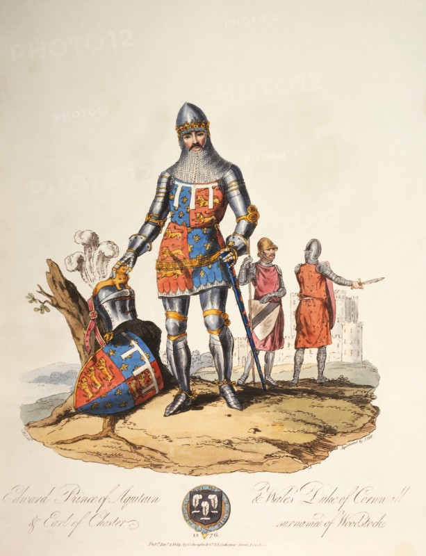 Edward of Woodstock (1330-76), Prince of Aquitaine and Wales, Duke of Cornwall & Earl of Chester, Hand-Colored Engraving