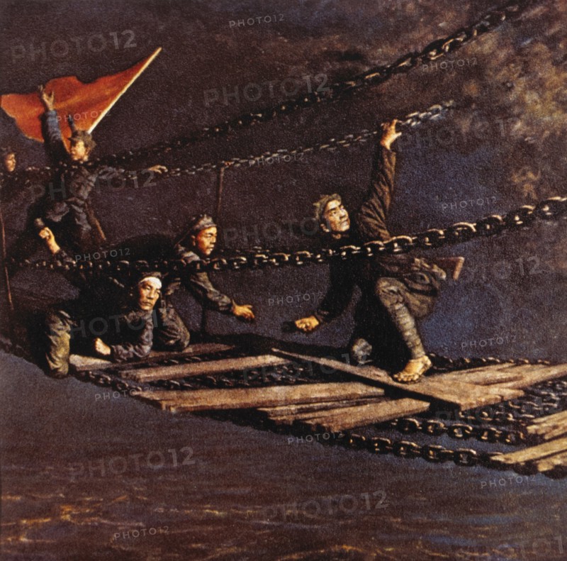 Red Army Soldiers Crossing Luding Footbridge Over Dadu River during the Long March, Sichuan Province, China, circa 1935