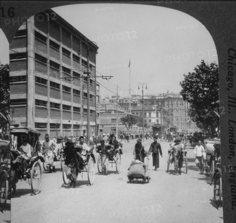 Jinrikishas on the Bund, Shanghai, China, Single Image of Stereo Card, circa 1910