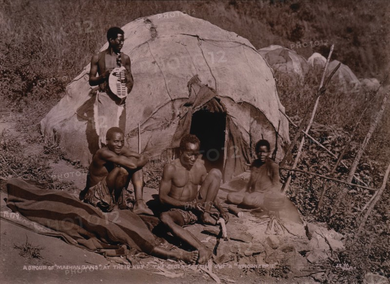 Group of Zulus in Front of Hut, Elder Zulu Cutting Knobkerrie, Africa, circa 1890
