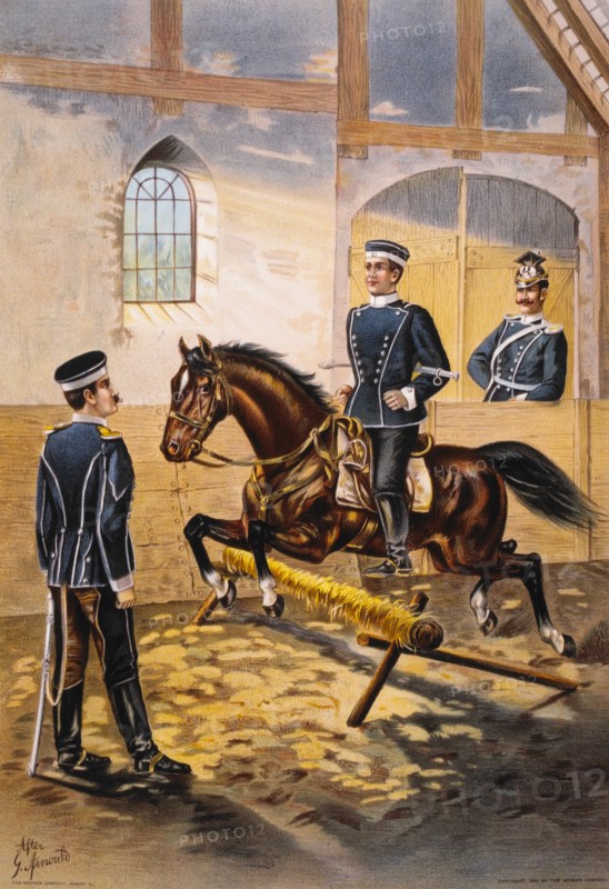 Riding School, First Royal Hanoverian Uhlans Regiment, Chromolithograph, 1899