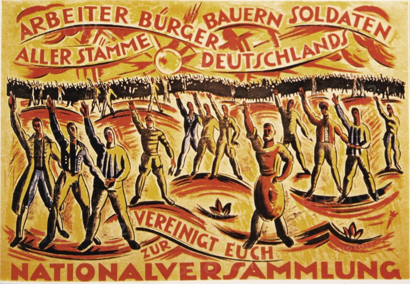 Poster for National Assembly Elections, Urging Unity of Workers, Citizens, Farmers and Soldiers in Support of the National Assembly, Germany, 1919
